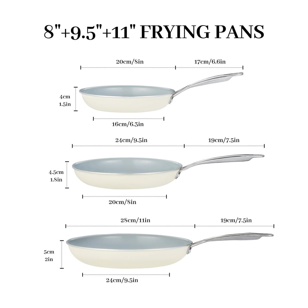 BECIGAR Ceramic Frying Pan Set with Stainless Steel Handle - Perfect Cookware Set for Steak & Non Stick Cooking - Ceramic Pans Set Non Stick Trendy Essential for Young Chefs(Cream White)