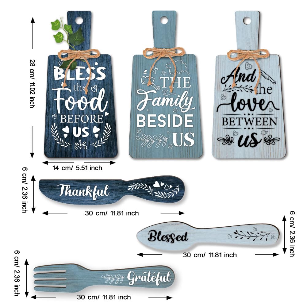 PH PandaHall 6pcs Kitchen Wall Decor Bless Food Sign Set Wall Table Accessories Wooden Pendant Decorations Mini Plaque Fork Spoon Shape Sign Rustic Style Home Dector Blue, 11x5.5 inch/11.8x2 inch