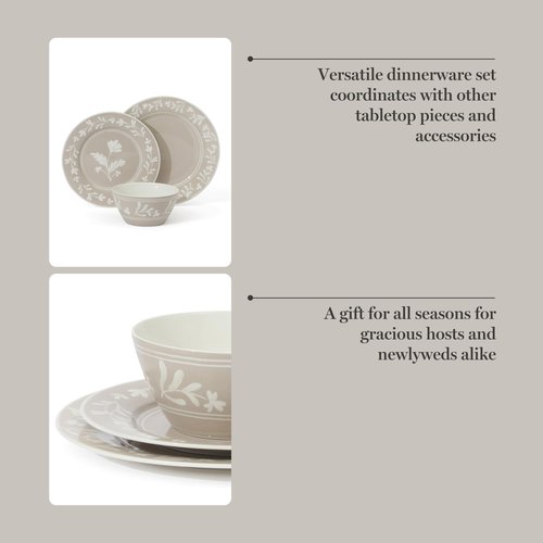 Martha Stewart Maiden Crown 12-Piece Taupe Dinnerware Set – New Bone China Ceramic Plates & Bowls – Floral Design – Service for 4 – Dishwasher & Microwave Safe