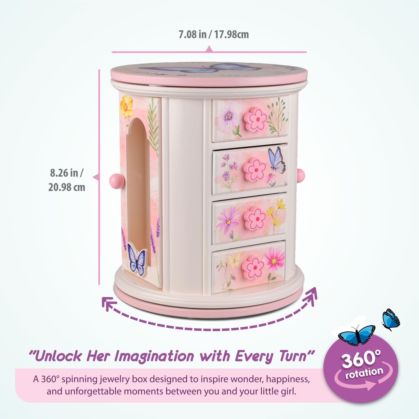 Tiny Gem - Spinning Jewelry Box for Girls Ages 2-18; Little Girl and Toddler Birthday and Christmas Gift; Flower and Butterfly White and Pink Wood Jewelry Box and Organizer; Room Decor for Accessories