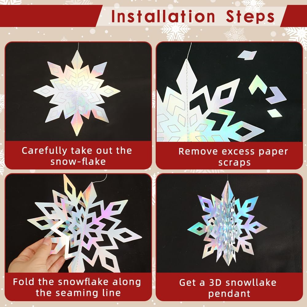 Skiennix 12PCS 3D Hanging Snowflake Decorations - Glitter Holographic Silver Ornaments for Winter Wonderland Holiday Decor
