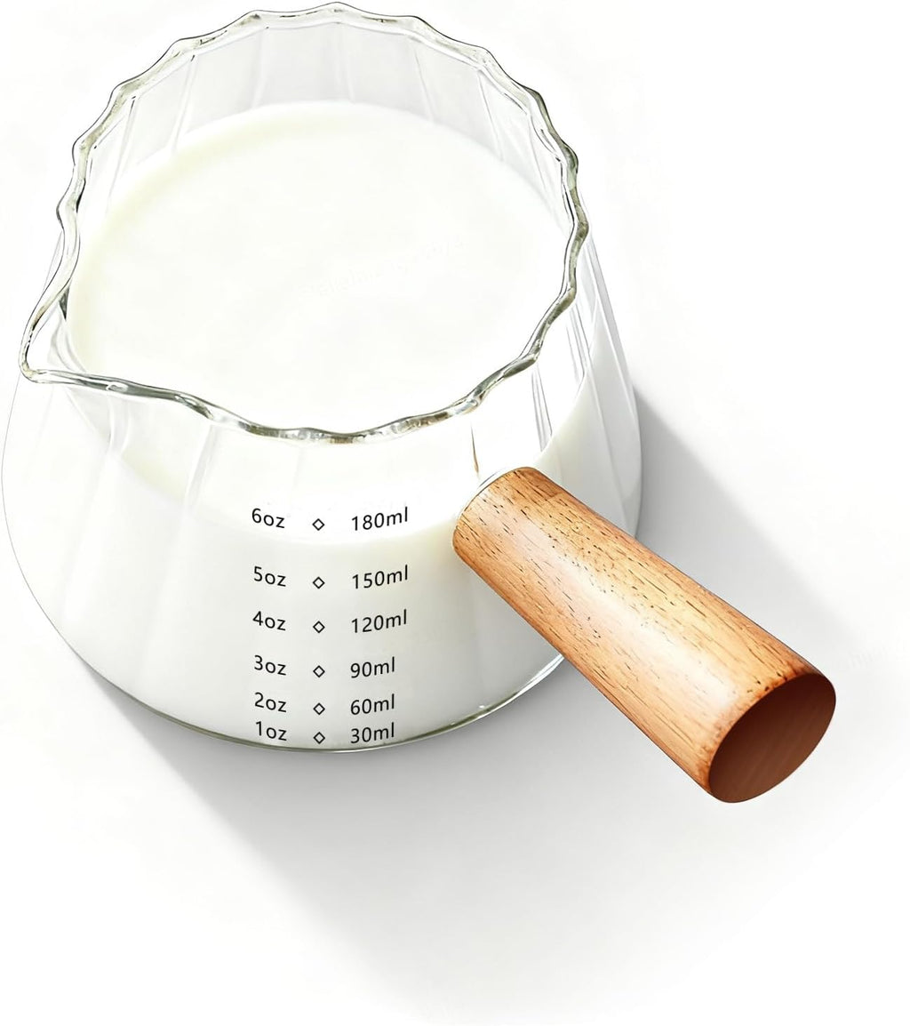 YARRAMATE Glass Measuring Cup - 6 oz/180ML with Wooden Handle | Ribbed Milk Frothing Pitcher