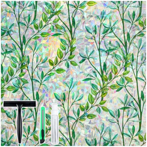 rabbitgoo Rainbow Window Privacy Film - Iridescent Green Foliage, 17.5" x 78.7" - UV Protection & Heat Control