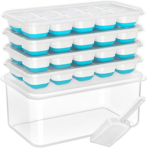 DOQAUS Ice Cube Tray - 4 Pack Silicone Trays with Lid & Bin for Easy Freezer Storage | Perfect for Cocktails & Coffee