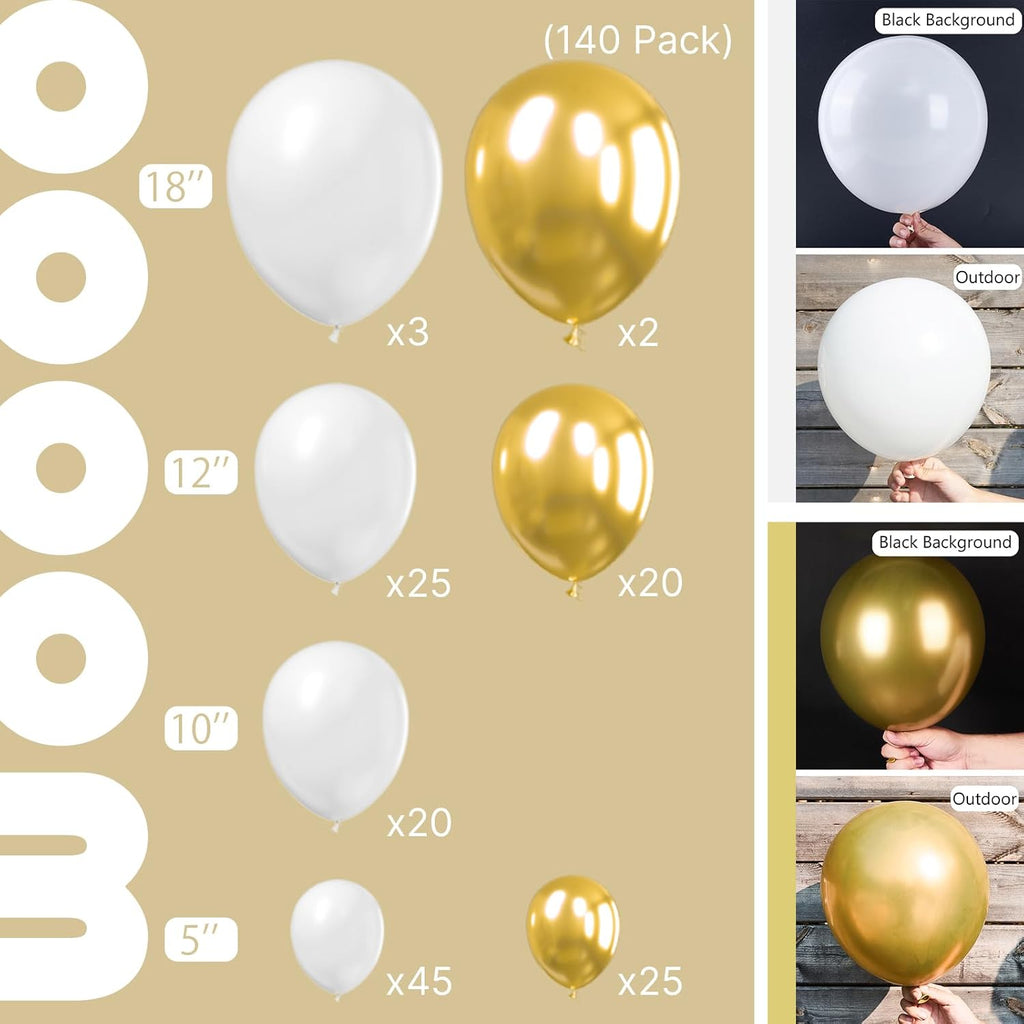 PartyWoo White and Gold Balloons - 140-Piece Pack in Various Sizes for Stunning Birthday Decorations