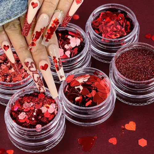 Red Holographic Heart Nail Art Glitter Sequins 6-Box Kit