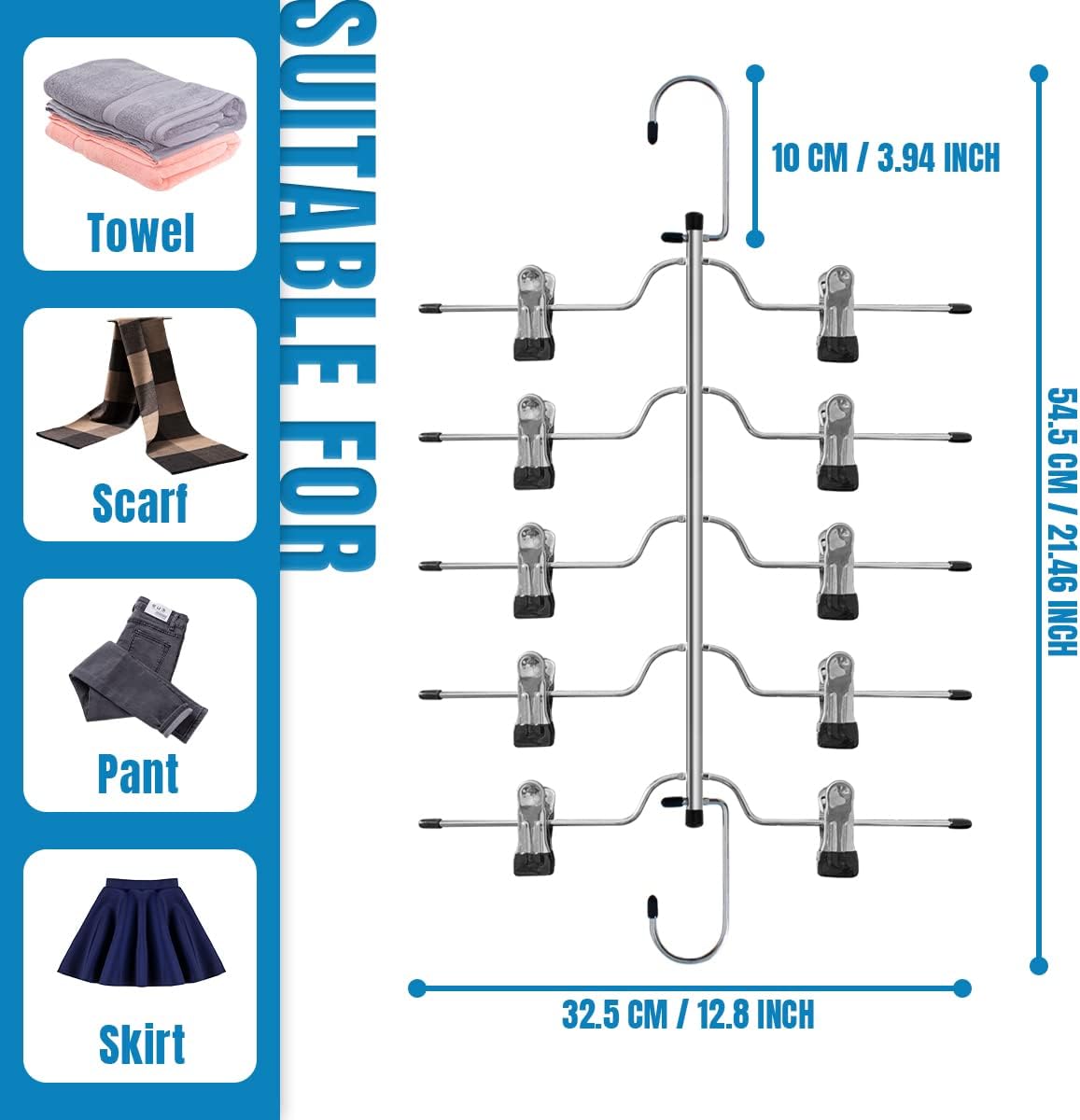 Skiennix 5-Tier Metal Skirt Hangers - Space-Saving Non-Slip Clips for Jeans & Pants | 2 Pack