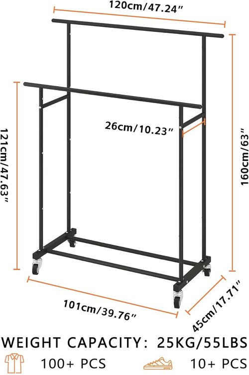 Calmootey Double Rod Clothing Rack - Portable Rolling Garment Organizer for Bedroom & Living Room - Black