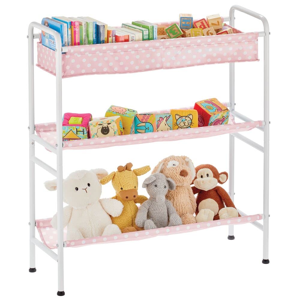 mDesign 3-Tier Metal Frame, Vertical Toy Storage Organizer Cart for Child/Kids Bedroom, Toy Room, Playroom - Holds Toys, Crayons, Building Blocks, Puzzles, Crafts, Books, Blankets - Pink/White