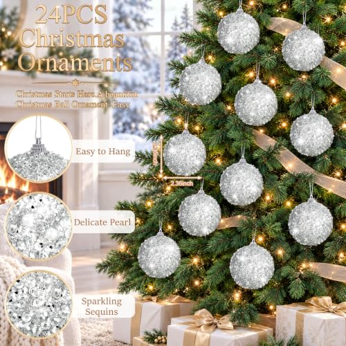 24 Pcs Silver Glitter Christmas Ball Ornaments - 2.36 Inch Holiday Decor