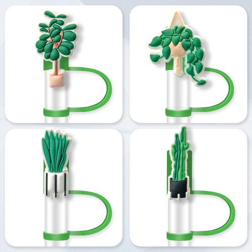 8PCS Green Plants Straw Covers Cap, Silicone 10mm Straw Tips Cover for Stanley 30&40 Oz Tumbler with Handle, Reusable Dust-Proof Drinking Straw Toppers