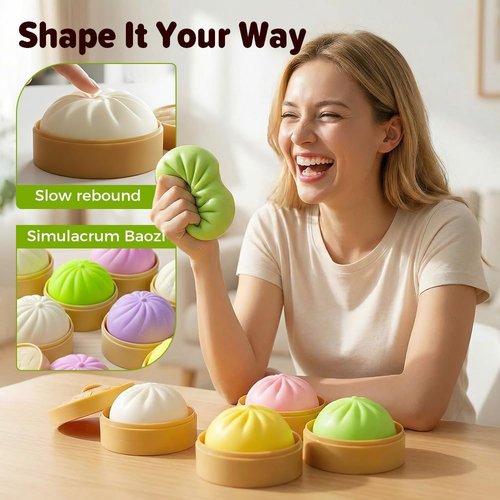 Dumpling Squishies | Stress Relief Balls - Handmade Fidget Toys with Steamer Case, Soft TPR Big Bun (Pink)