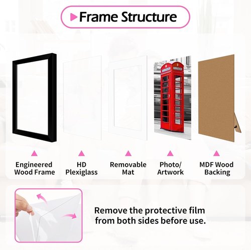 HOMERHYME 8x10 Picture Frame Set - Black Photo Frames for Tabletop or Wall Display | Fits 5x7 with Mat or 8x10 Without