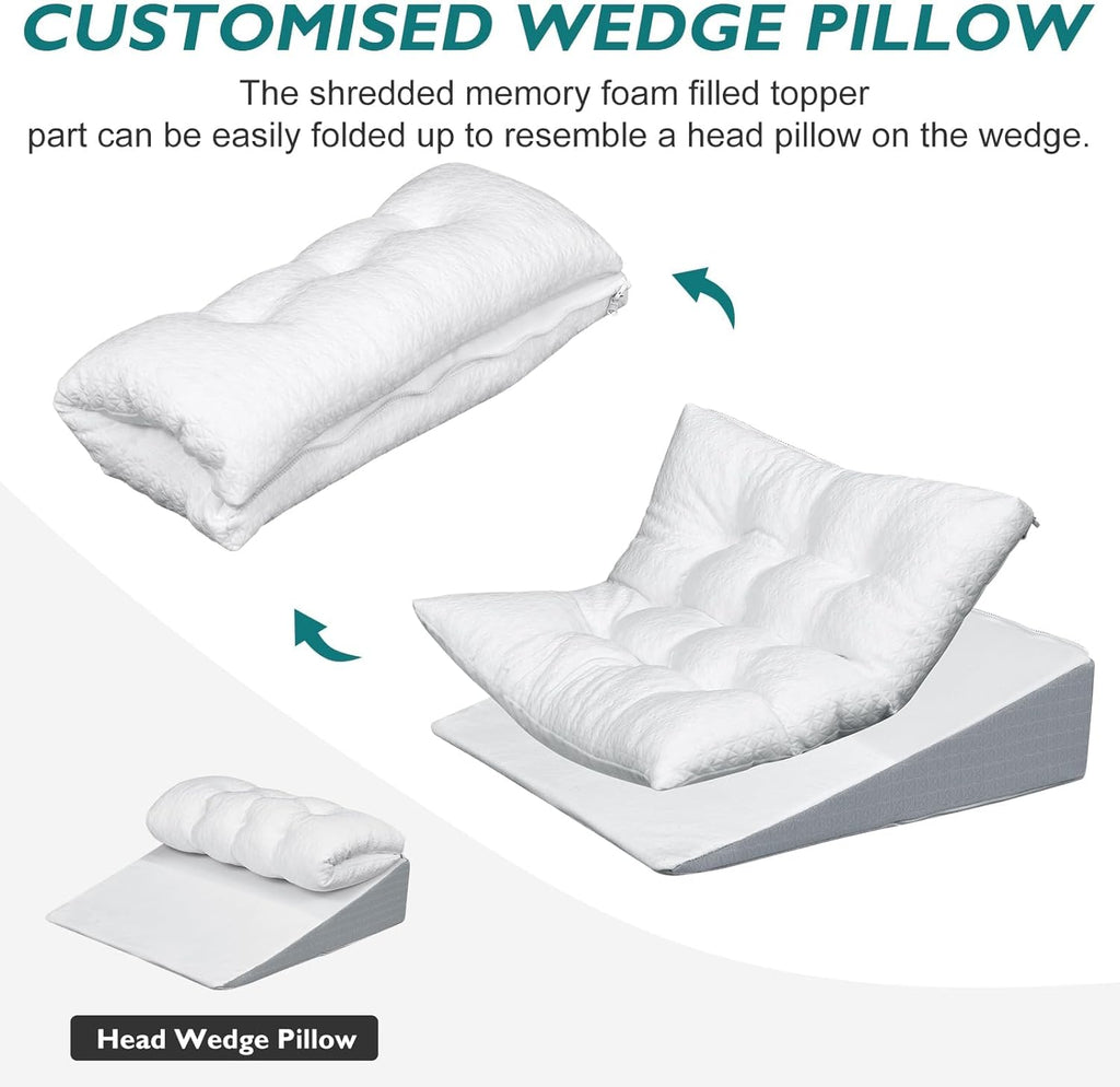 TANYOO Bed Wedge Pillow - Adjustable Shredded Memory Foam for Sleep Apnea & Acid Reflux | 7.5-Inch Dual Layer Design