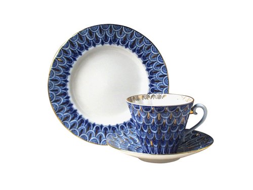 Lomonosov Porcelain Set 3pc Cup, Saucer and Plate Radiant Forget Me Not 7.95 Ounce/235 Milliliter