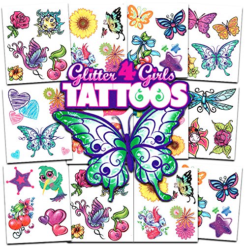 Glitter Temporary Tattoos for Girls - 50 Waterproof Designs Party Favors