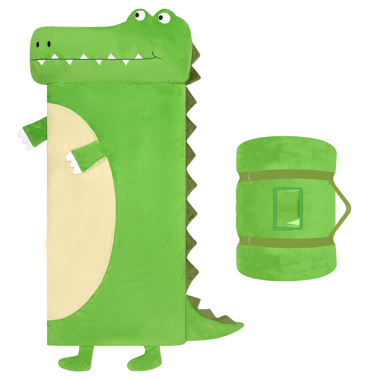 Toddler Nap Mat,Crocodile Kids Sleeping Bag 67‘’×27‘’,Extra Large Slumber Bag Thick with Removable Pillow for Girls Boys,Soft Plush Roll Up Sleeping Mat Lightweight for Preschool,Daycare,Travel,Green