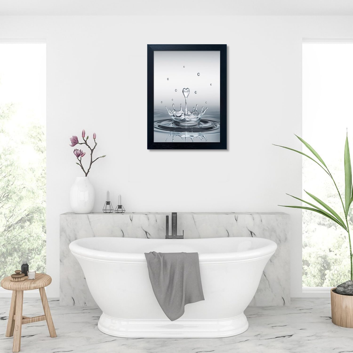 Skiennix Framed Bathroom Wall Art - Heart Water Drop Splash Canvas Print | Modern Home Decor