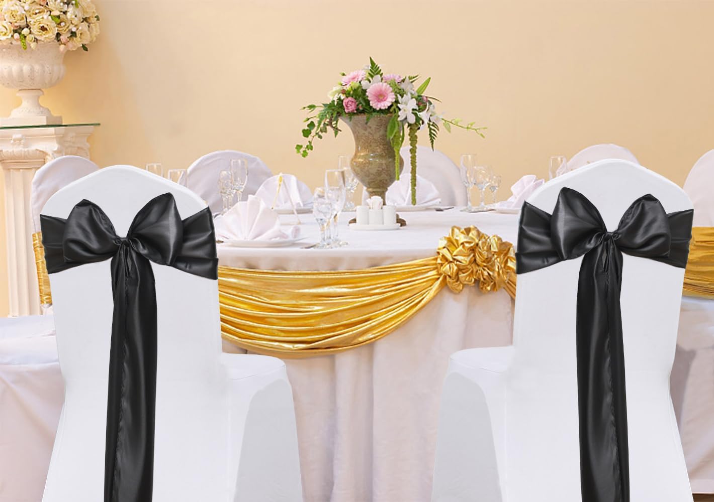 Skiennix Satin Black Chair Sashes - 7" x 108" Universal Ties for Weddings & Events | 50 Pack