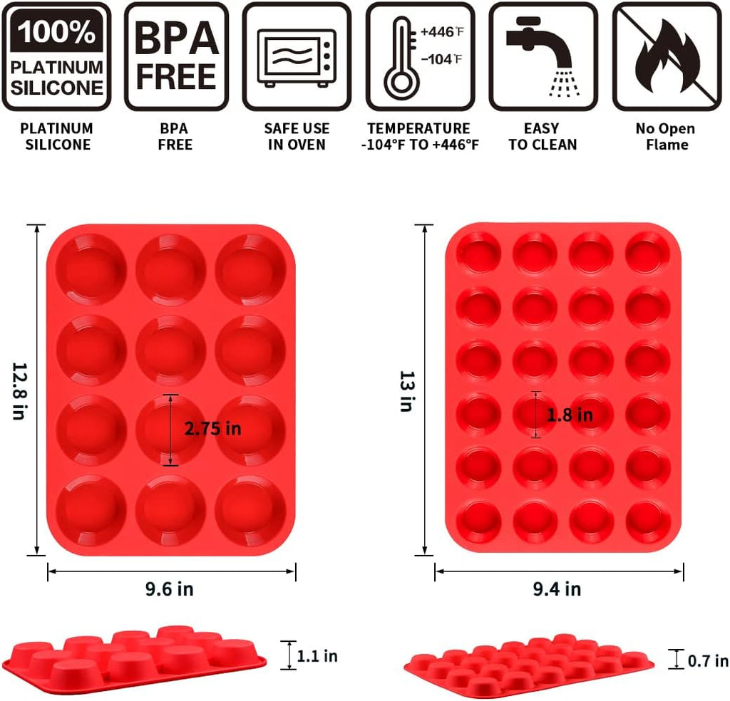 Silicone Muffin Pan Set by [Brand Name] - Mini 24-Cup & Regular 12-Cup Baking Tins for Egg Bites