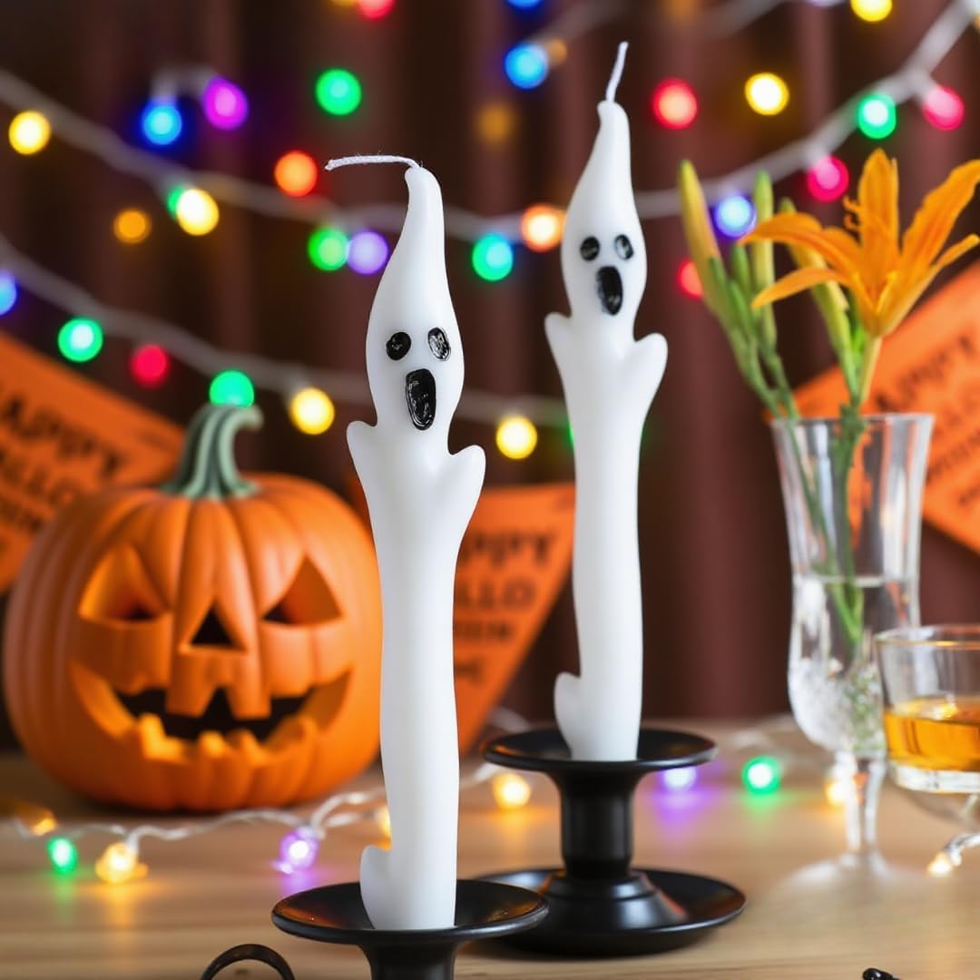 Skiennix Halloween Ghost Candles Set - Cute Spooky White Taper Candles for Haunted House Decor | 2PCS