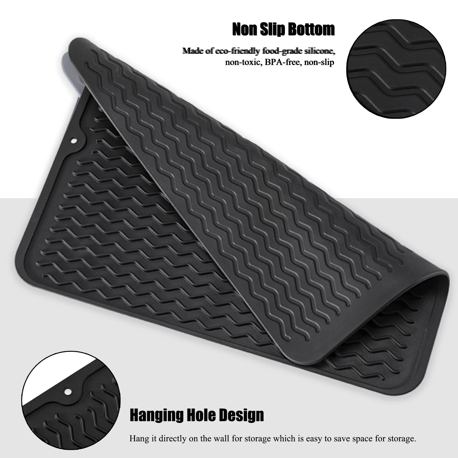 Large 24" x 18" Silicone Dish Drying Mat for Kitchen Counter, Easy clean, Quick Dry, Heat-resistant Dish Drainer Mat for Sink,Refrigerator or Drawer liner (Food Grade Silicone-Black)