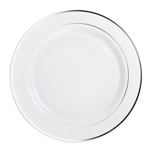 " OCCASIONS " 40 Piece Chargers pack Wedding Party 12'' Disposable Plastic Charger Plates/Chargers (White & Silver Rim)