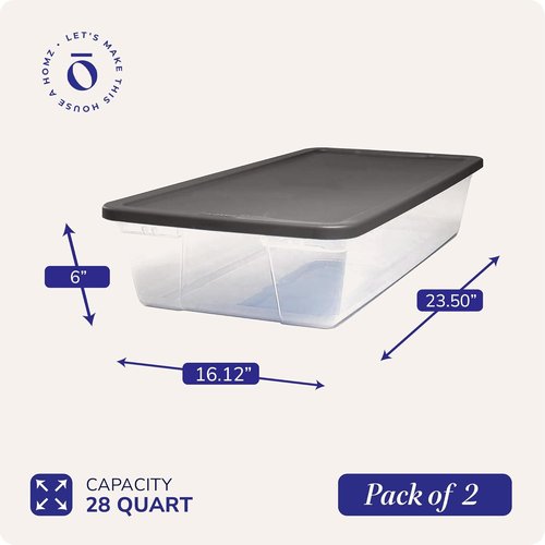 HOMZ 2-Pack Snaplock Small Clear Plastic Storage Bins - 28 Quart Stackable Organizers in Gray