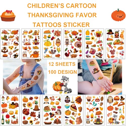 Felico Thanksgiving Temporary Tattoos - 200 Pcs Autumn Harvest Fake Tattoos for Kids Party Favors and Goody Bag Fillers