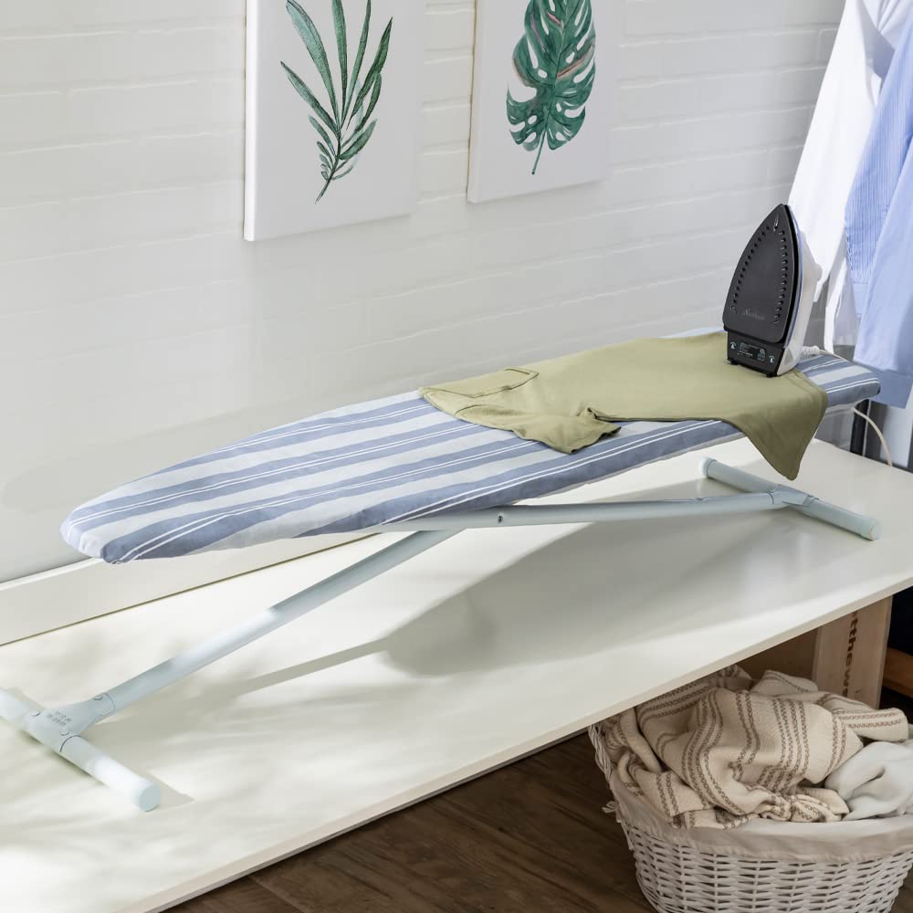 Ironing Board Full Size; Made in USA by Seymour Home Products (Blue Stripe) Bundle Includes Cover, Pad, and Silicone Iron Rest | Iron Board w/Steel T-Legs Adjustable from Tabletop up to 35" High