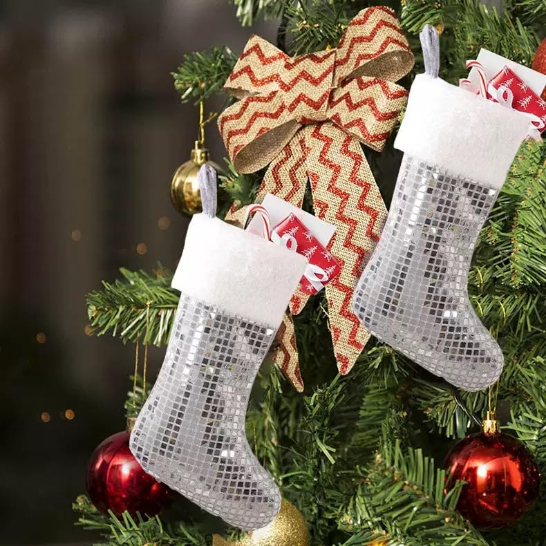 3 Pack Disco Christmas Stockings 15x8.6 In. Sequin Holiday Stockings