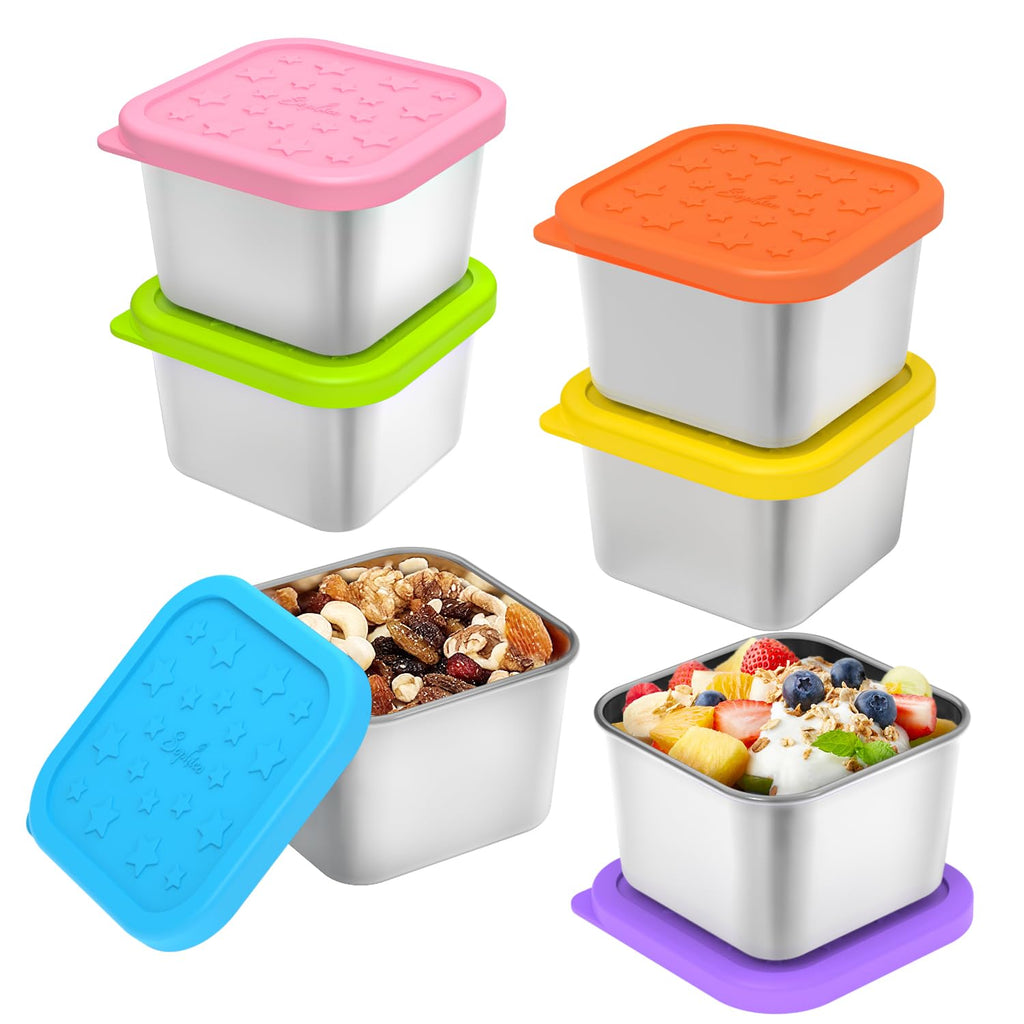 SOPHICO Stainless Steel Snack Containers for Kids, 6 oz Leak Proof Small Food Storage Container with Silicone Lid, 304 Metal Toddler Lunch Box for Daycare, School and Travel (6 Pack)