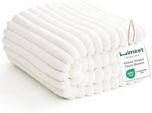 HIMEET Off White Ribbed Queen Size Blanket - 300GSM Lightweight Fleece for Cozy Home Decor | 90x90 Inches
