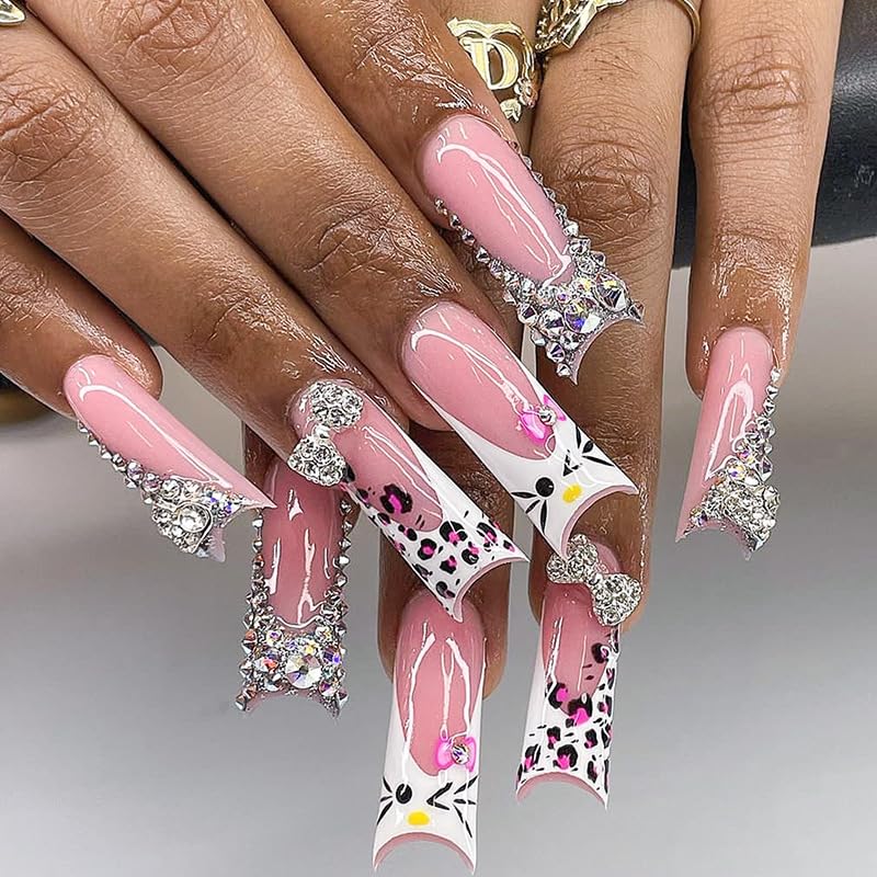 Press on Nails Coffin Medium Long Pink 3D Leopard Rhinestone False Nails