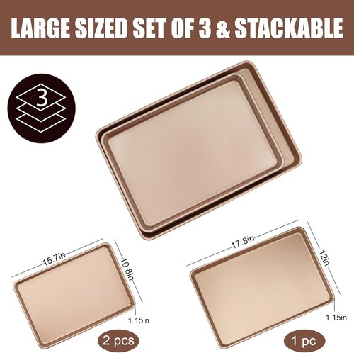 3-Pack Nonstick Carbon Steel Baking Sheet Set - Heavy Duty 0.8mm Cookie Sheets | Large 17.8"x12" & Medium 15.7"x10.8" for Oven & Roasting
