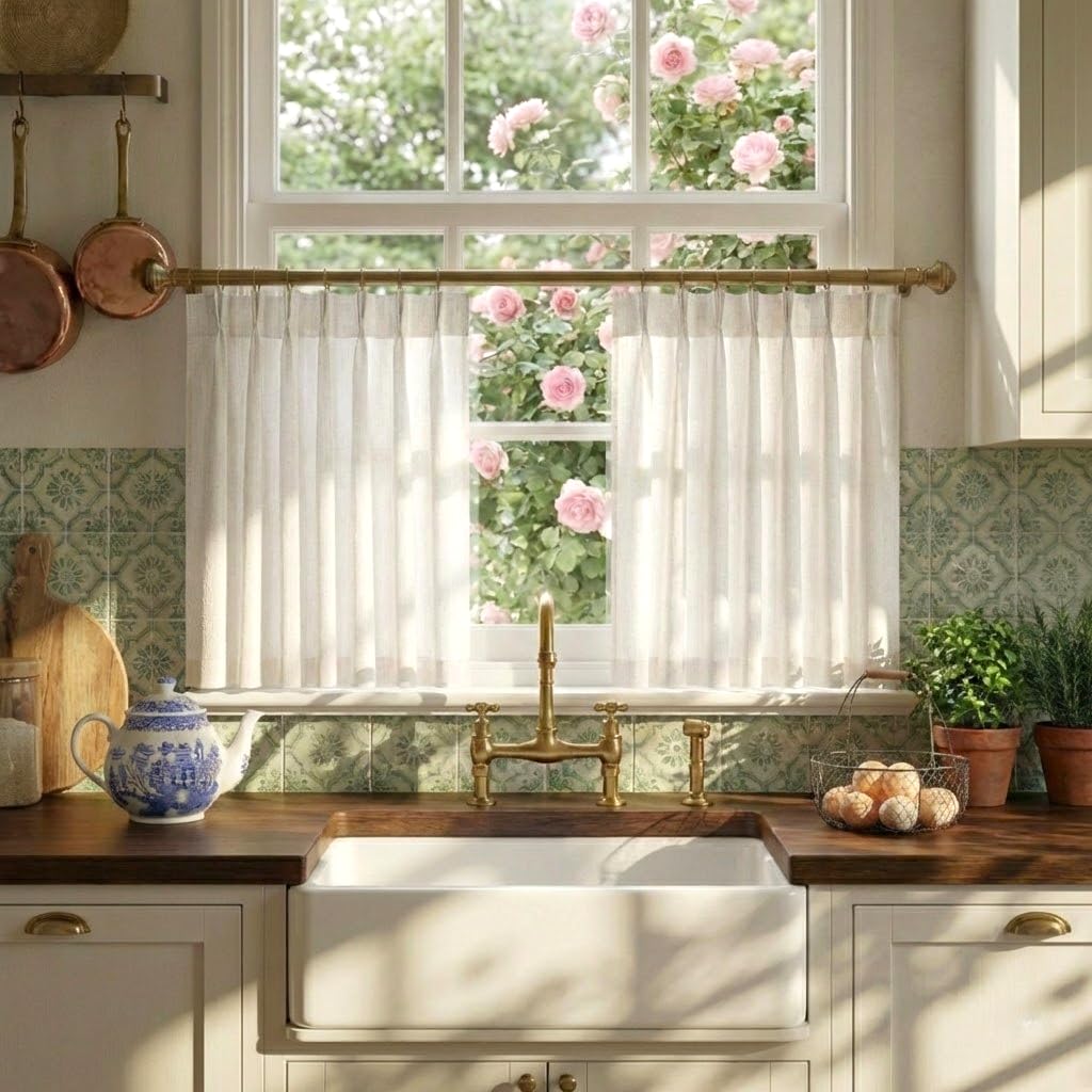 NICETOWN Pinch Pleated Linen Kitchen Curtains 24 Inches Long, 2 Panels Set Natural French Rustic Light Filtering Short Curtains for Cafe Bar Living Room Bedroom Window, 40" W x 24" L