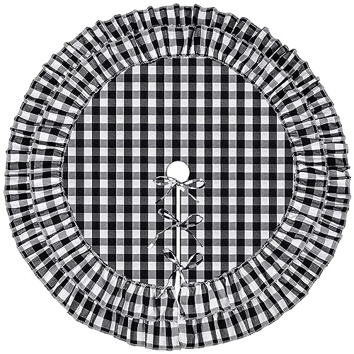 Yuboo Buffalo Plaid Christmas Tree Skirt 48 Inch Black & White Ruffled Decor