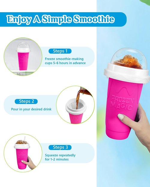 DIY Magic Slushy Maker Cup - Portable Slushy Cup for Juices & Ice Cream | Double-Layer Silica with Lid & Straw (Pink)