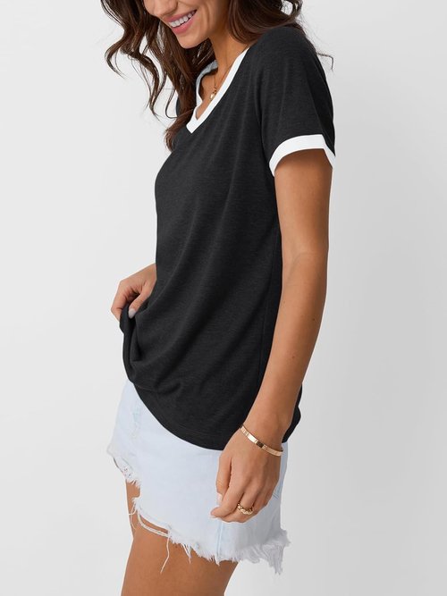AUTOMET Women's V-Neck Short Sleeve T-Shirt - Casual Soft Tunic for Spring Fashion | Comfortable Workout Top