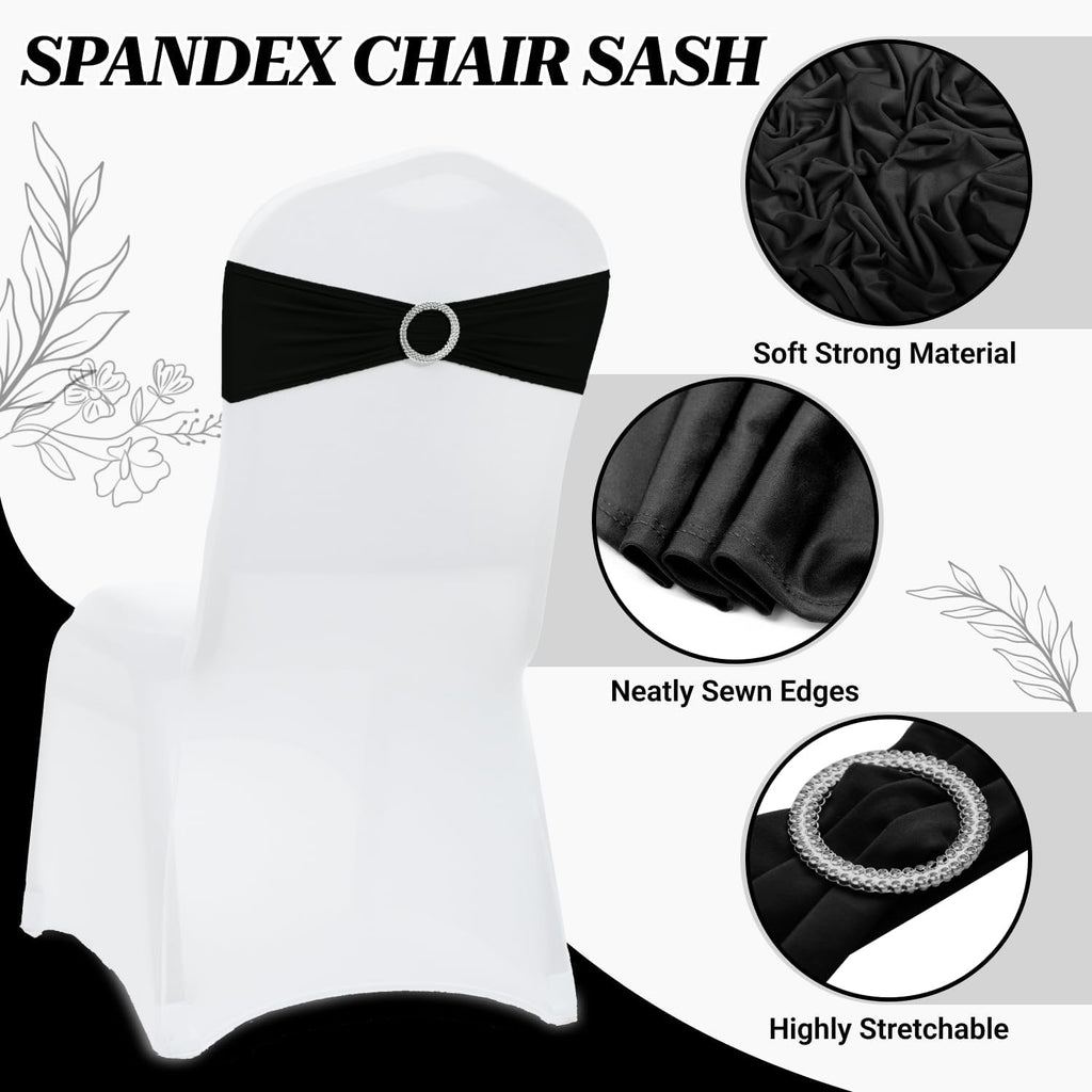 MDS Premium Spandex Chair Sashes - Stretchy Bow Covers with Buckle Slider | 100 Pack - Black