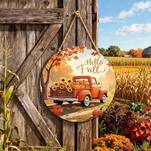 Hello Fall Wooden Hanging Sign for Front Door Autumn Home Decor