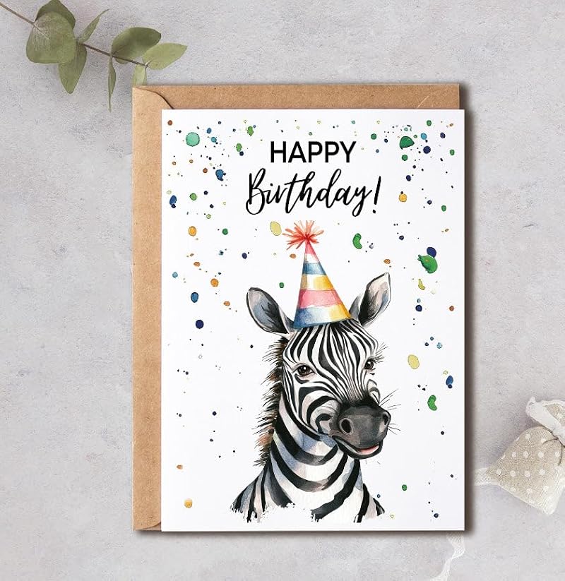 Zebra Birthday Card with Party Hat - 5x7 Blank Greeting Card