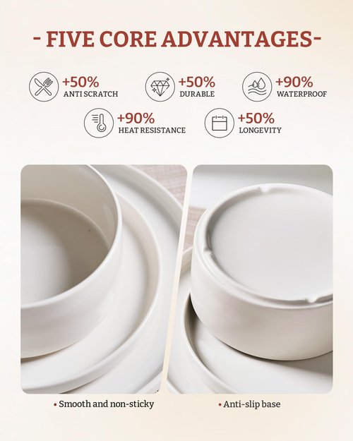 Famiware Porcelain Dinnerware Set, 12-Piece Modern Plate and Bowl Set, Dish Set for 4, Microwave and Dishwasher Safe Tableware, White