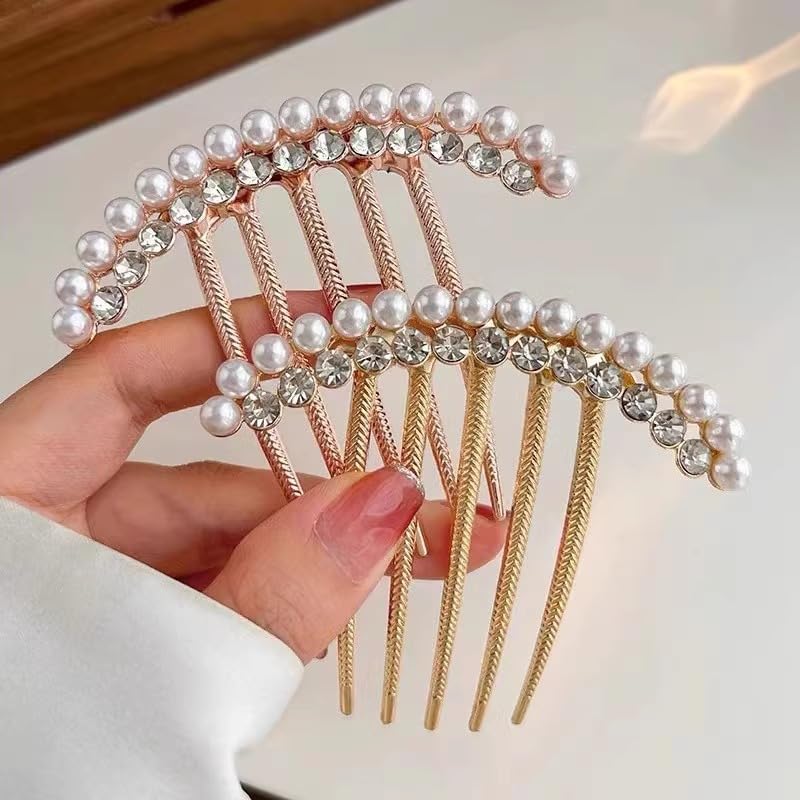 QUUPY Gold Pearl Hair Side Comb Rhinestone Bridal Hairpin Accessory