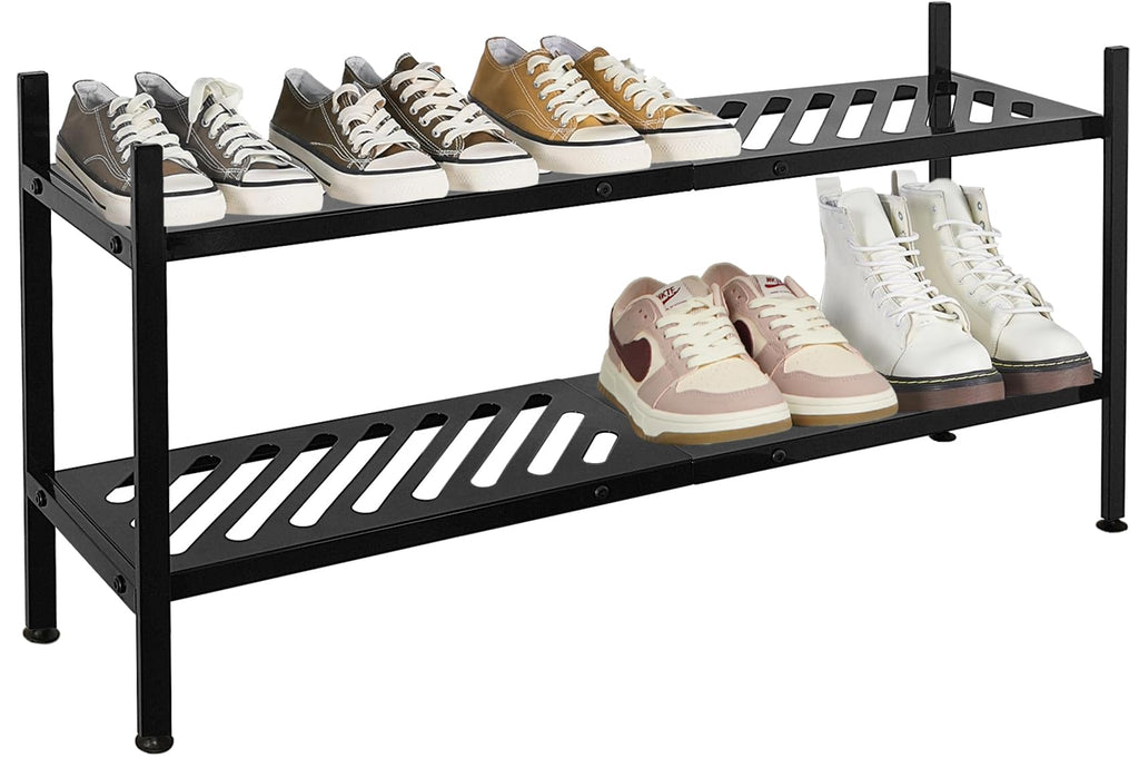 Nijoam Shoe Rack - Metal Shoe Organizer 2 Tier Shoes Shelf Storage, 35 Inches Stackable Long Show Stand Holder for Closet, Entryway, Garage, Floor, Door Entrance, Black