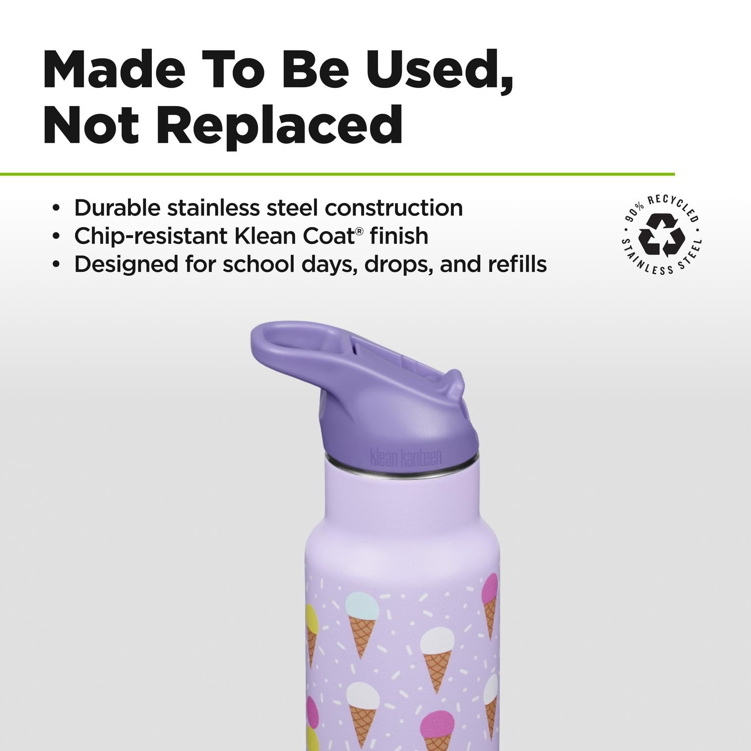 Klean Kanteen 12 oz Classic Kid's Insulated Water Bottle with Flip Seal Sport Cap - 100% Leakproof Cap - BPA-Free - Stainless Steel Material - Ice Cream
