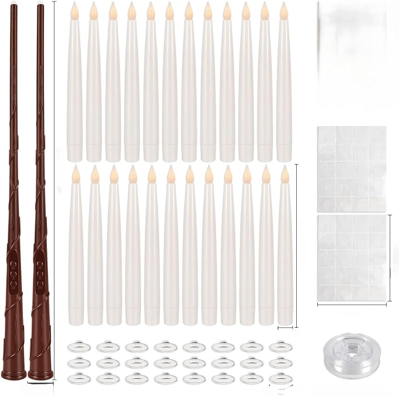 White 24-Pack Floating LED Candles with Magic Wand - Flameless Taper Candles for Halloween & Holiday Decor