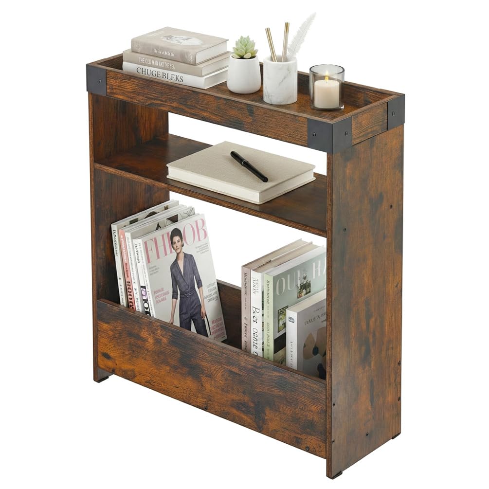 ZEXVIDA Farmhouse Narrow Side Table with Tray Top & Magazine Rack, Sofa Couch Side Table with Storage Shelf, Slim End Table for Small Spaces, Modern Nightstand for Bedroom, Living Room (Rustic Brown)