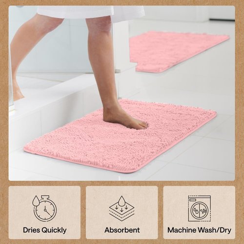 GORILLA GRIP Bath Rug Mat - Soft Absorbent Chenille | Quick Dry Microfiber, 30x20, Light Pink