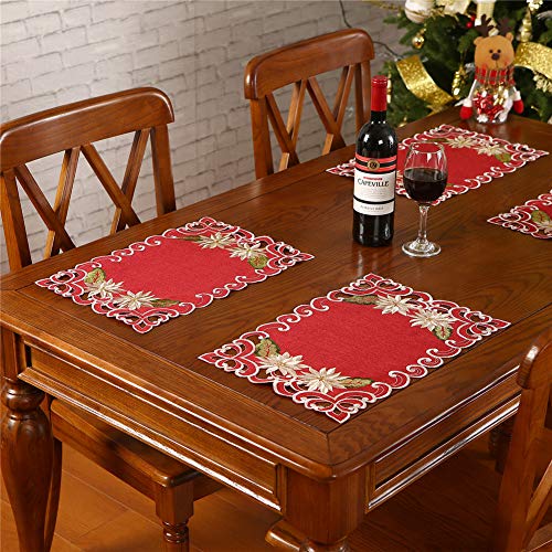 Christmas Placemats Set of 6 Burgundy Embroidered Poinsettia & Holly Holiday Table Decor